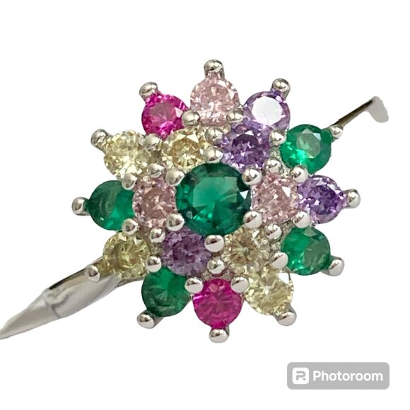 Fruit Salad Cubic Zirconia Halo Ring Rhodium Plated Size 7 8 9 Cocktail Green - Picture 1 of 13